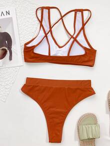 Criss Cross High Waist Bikini Set, For Summer Beach Vacation - Brown - View 2