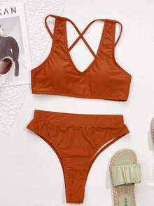 Criss Cross High Waist Bikini Set, For Summer Beach Vacation - Brown - View 3