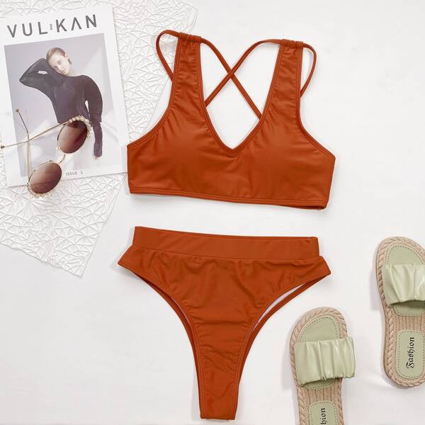 

Criss Cross High Waist Bikini Swimsuit, Brown