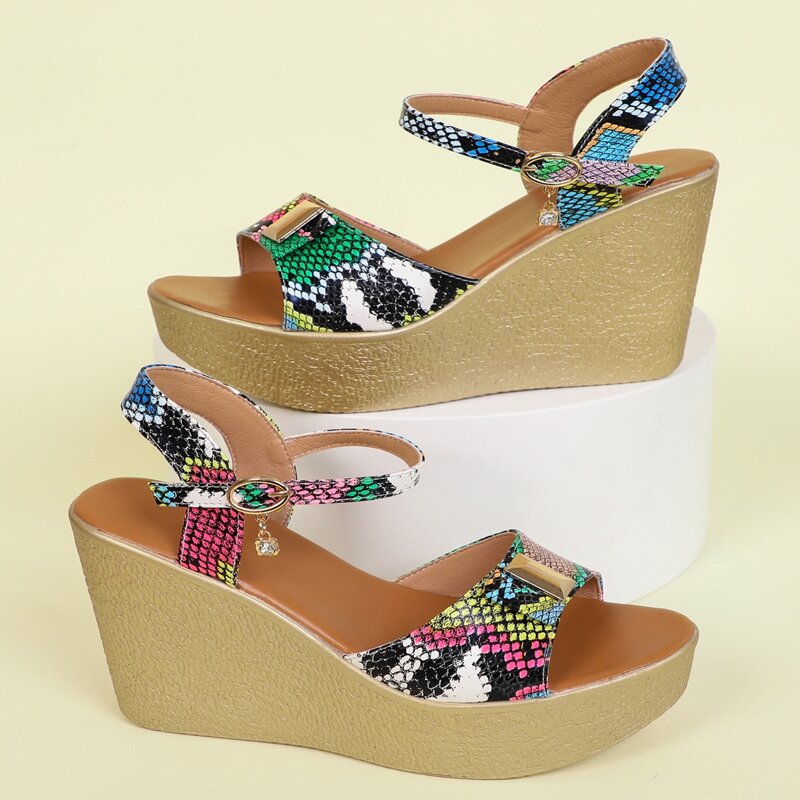 

Snakeskin Ankle Strap Wedge Sandals, Multicolor