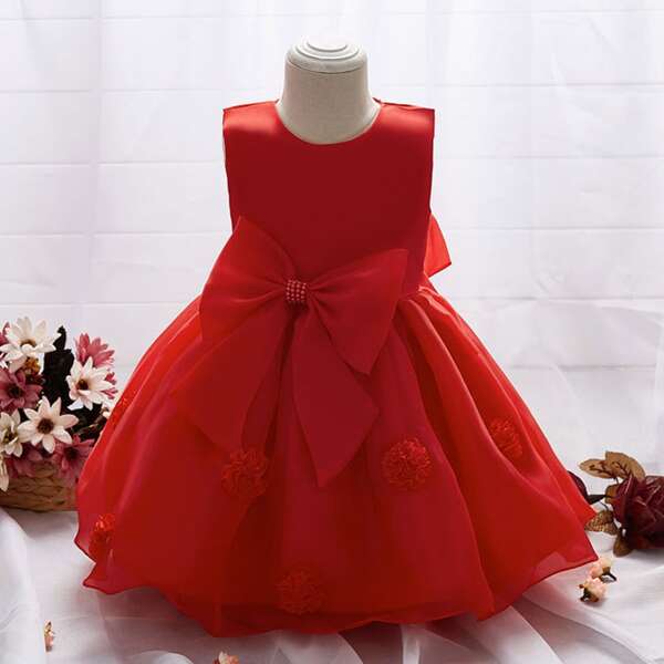 

Toddler Girls Appliques Big Bow Party Dress, Red