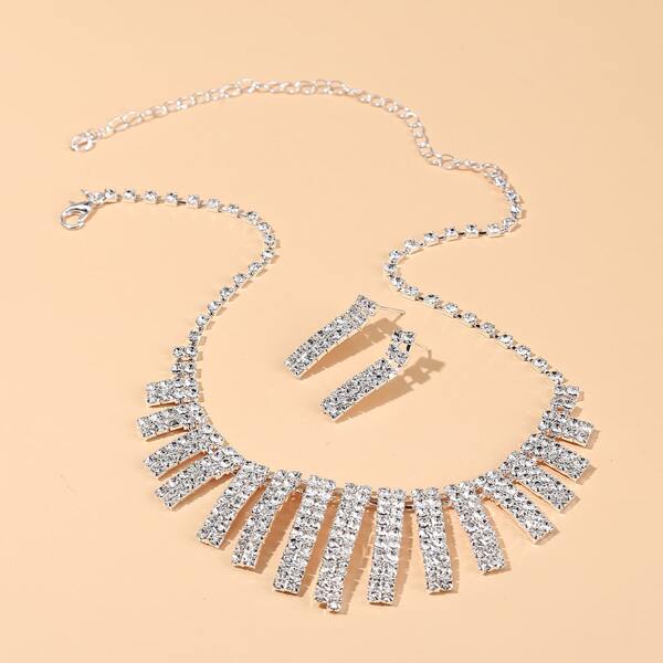 

3pcs Rhinestone Decor Jewelry Set, Silver