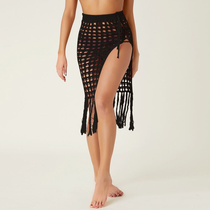 

Crochet Fringe Hem Cover Up Skirt, Black