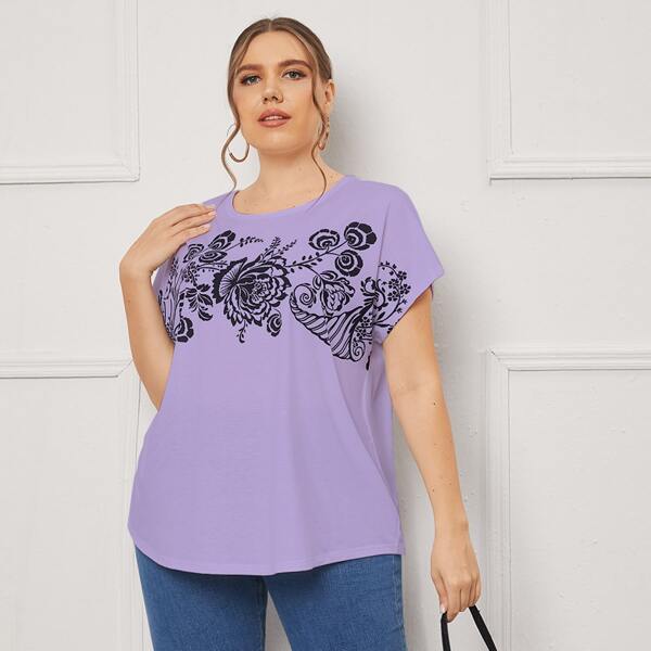 

Plus Floral Round Neck Tee, Lilac purple