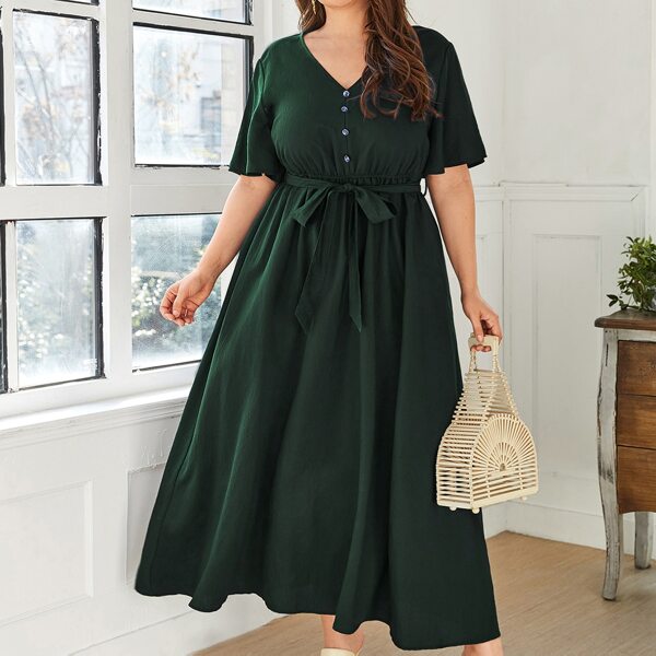 

Plus Butterfly Sleeve Self Tie A-line Dress, Dark green
