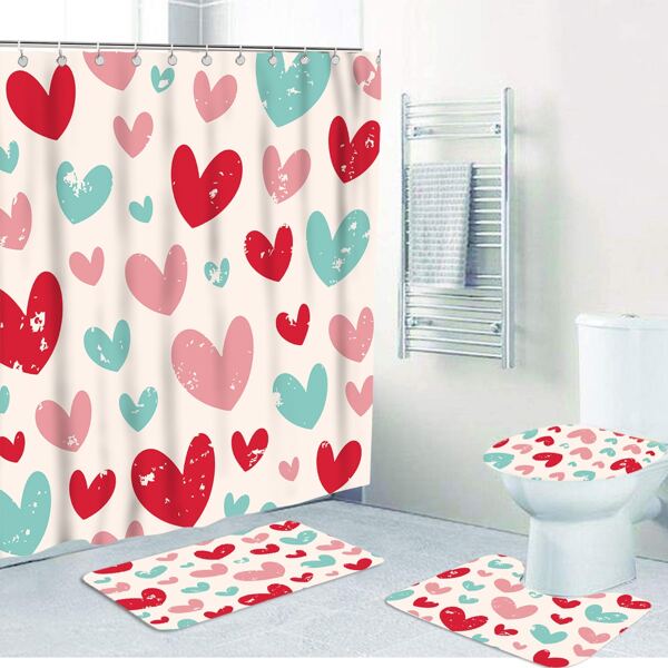 

1pc Heart Print Anti-slip Mat Or Shower Curtain, Multicolor