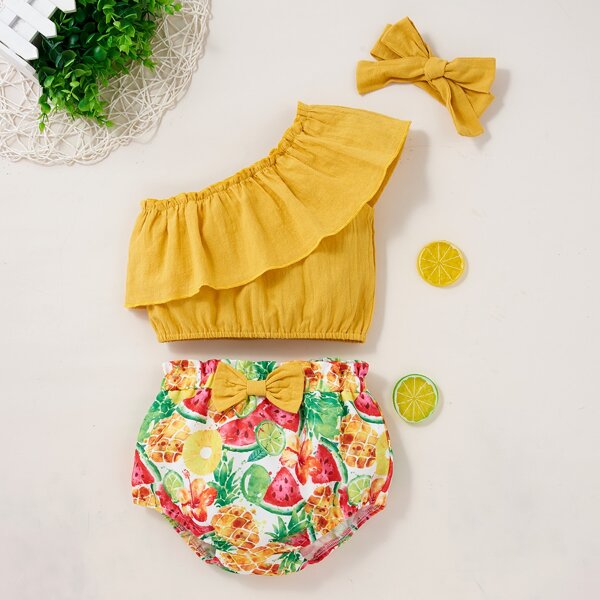 

Baby Girl One Shoulder Top & Fruit Print Shorts & Headband, Multicolor