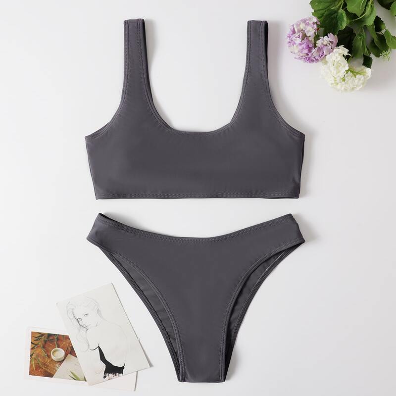 

Solid Tank Bikini Swimsuit, Grey