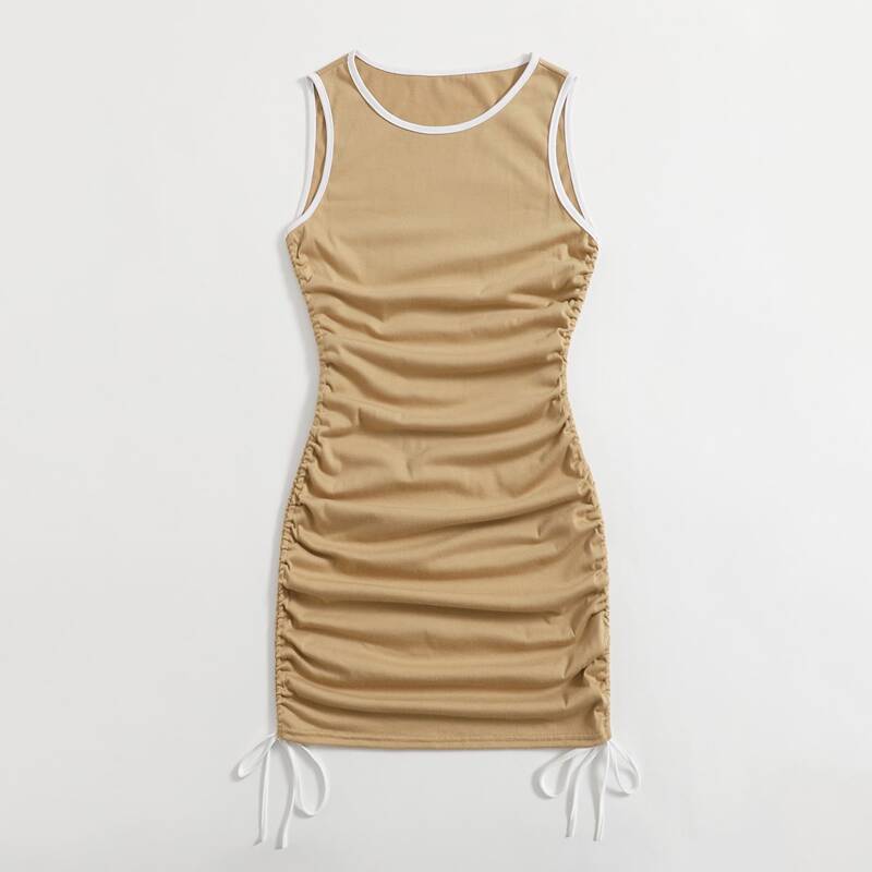 

Drawstring Ruched Ringer Bodycon Dress, Khaki