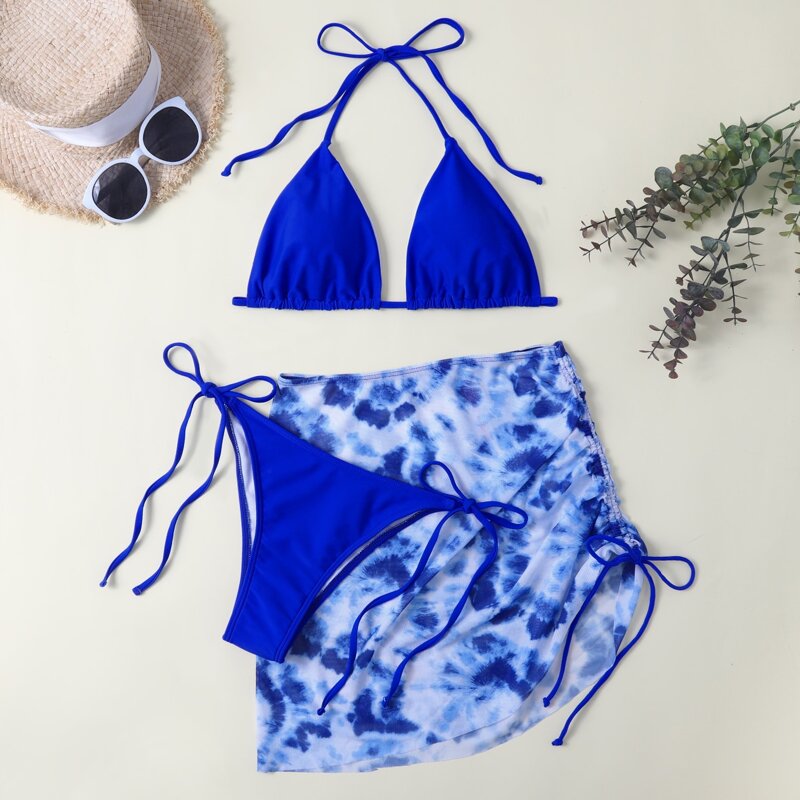 

3pack Tie Dye Bikini Swimsuit With Beach Skirt, Blue