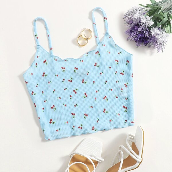 

Cherry Print Lettuce Edge Cami Top, Baby blue
