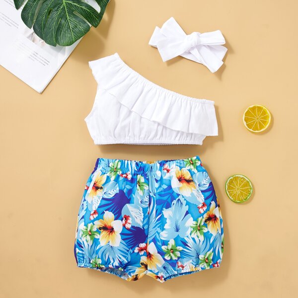 

Baby Girl One Shoulder Top & Floral Shorts & Headband, Multicolor