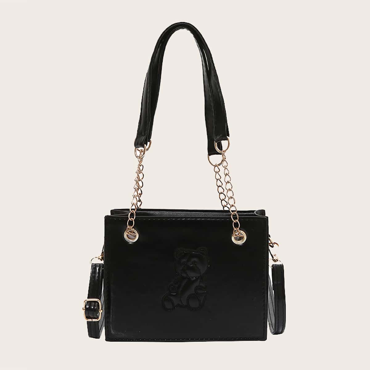 

Bear Embroidery Shoulder Bag, Black