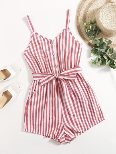 SHEIN Two Tone Striped Belted Slip Romper