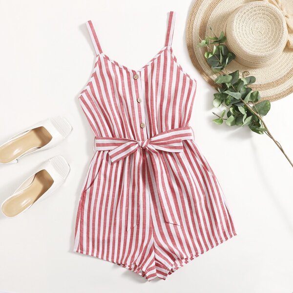 

Two Tone Striped Belted Slip Romper, Red and white