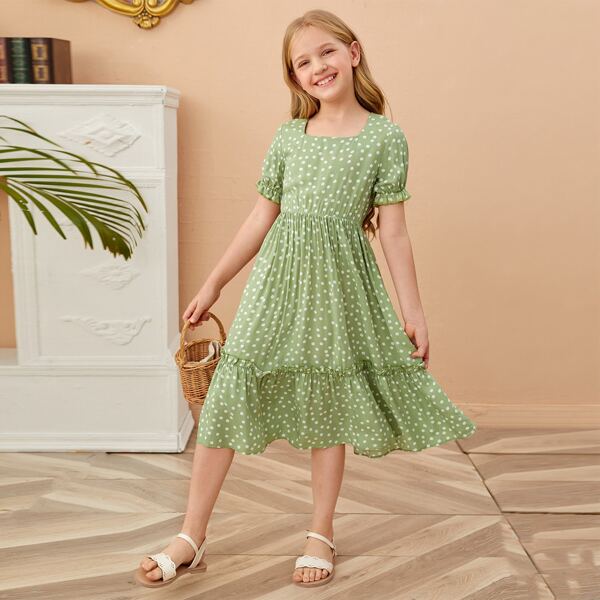 

Girls Square Neck Polka Dot Dress, Green