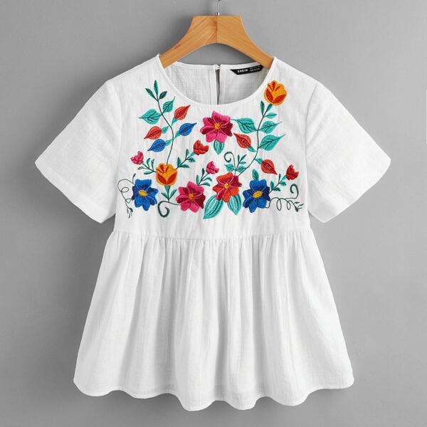 

Floral Embroidery Peplum Top, White