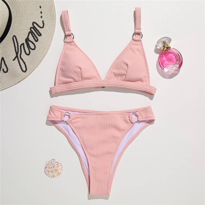 

Solid Ring Linked Bikini Swimsuit, Pink