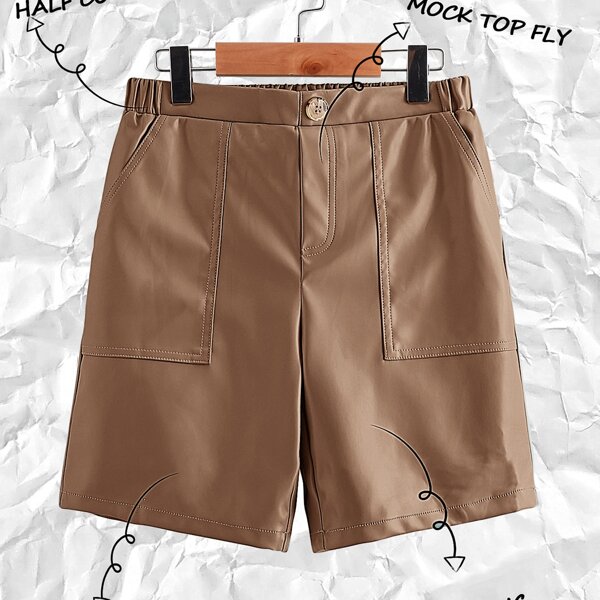 

Boys Patch Pocket Side PU Leather Shorts, Mocha brown