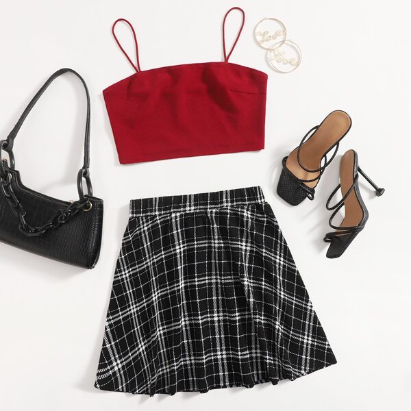 

Solid Crop Cami Top & Plaid Skirt Set, Multicolor