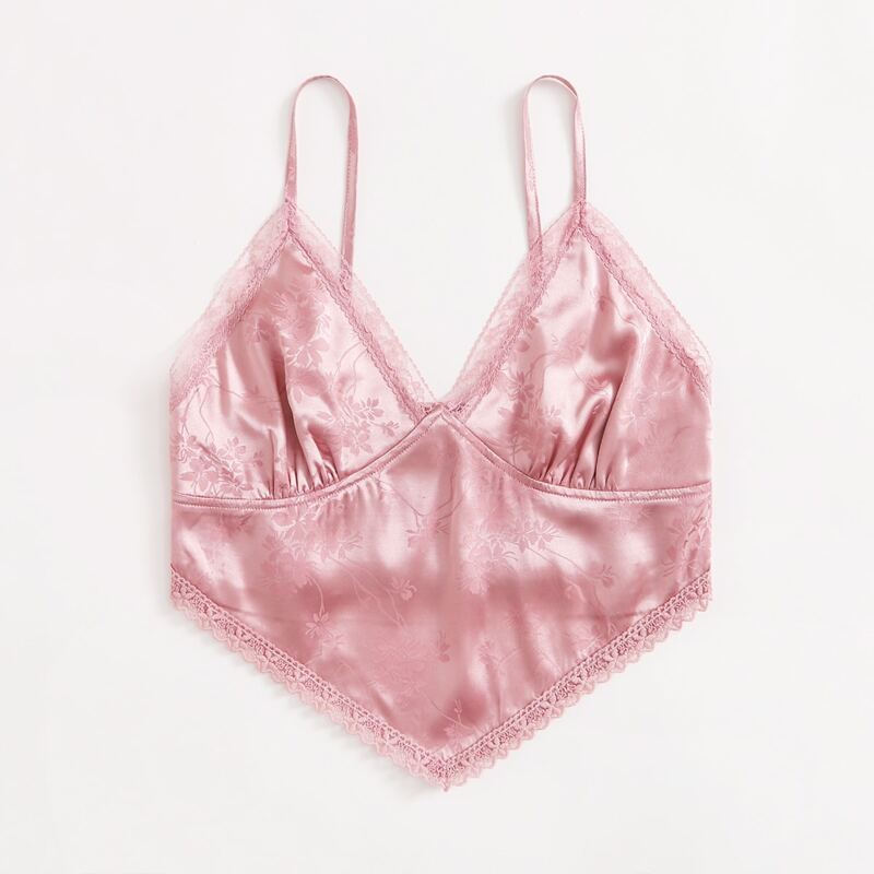 

Satin Jacquard Lace Trim Crop Cami, Pink