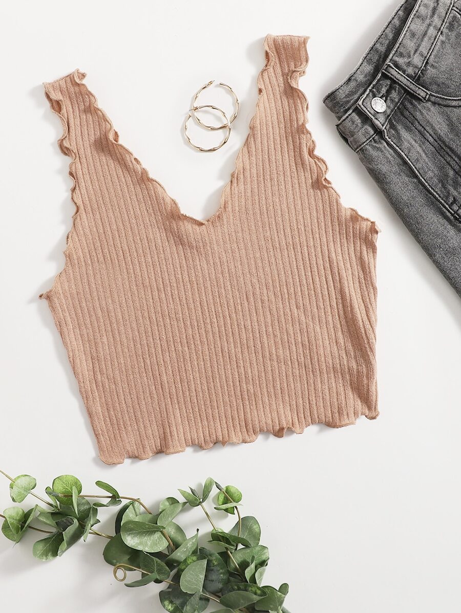 SHEIN EZwear 素色羅紋針織生菜邊背心上衣 - 卡其色 - 查看 1