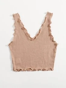 SHEIN EZwear 素色羅紋針織生菜邊背心上衣 - 卡其色 - 查看 2