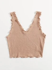 SHEIN EZwear 素色羅紋針織生菜邊背心上衣 - 卡其色 - 查看 4