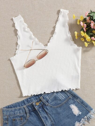 Майка из однотонной рубчатой ​​ткани с отделкой салатом - Топ-100 SHEIN в Испании