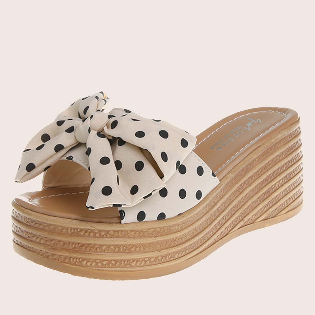 

Polka Dot Bow Wedge Mules, Beige