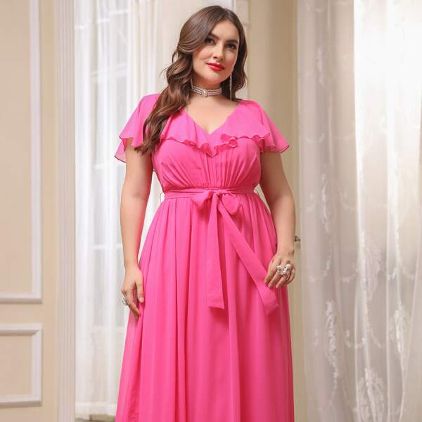 

Plus Chiffon Neon Pink Belted Ruffle Trim Dress, Hot pink