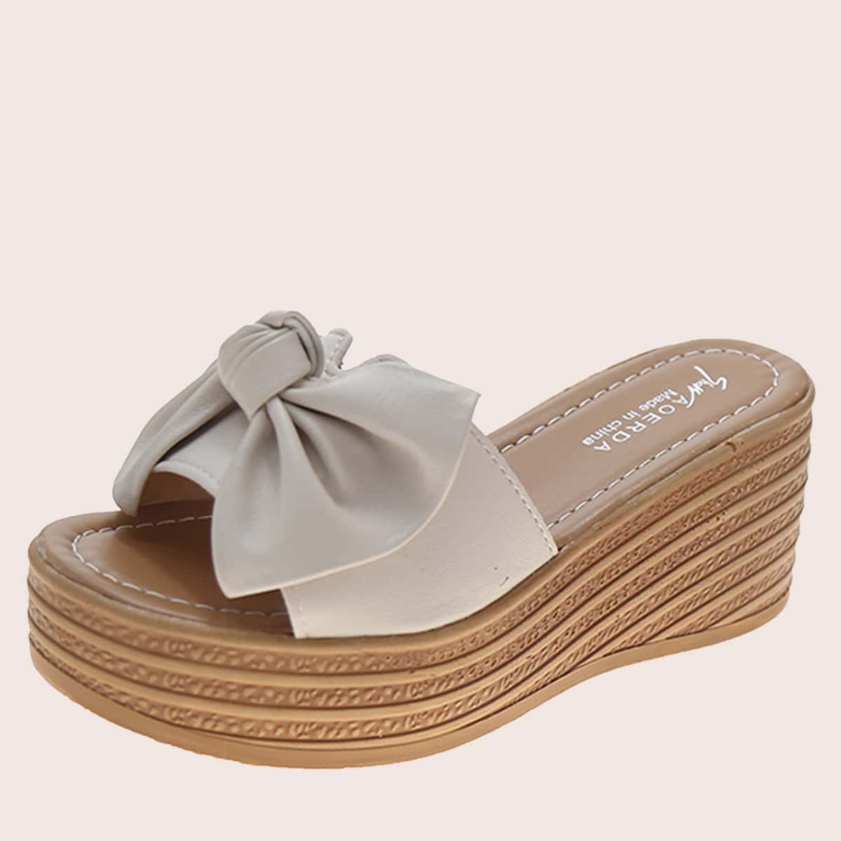 

Solid Bow Knot Wedge Mules, Beige