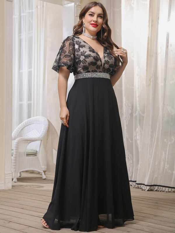 SHEIN Belle Plus șifon și paiete detaliu rochie de bal cu panou de plasă rochie neagră elegantă de seară formală pentru invitați de nuntă, pentru absolvire, rochie de petrecere