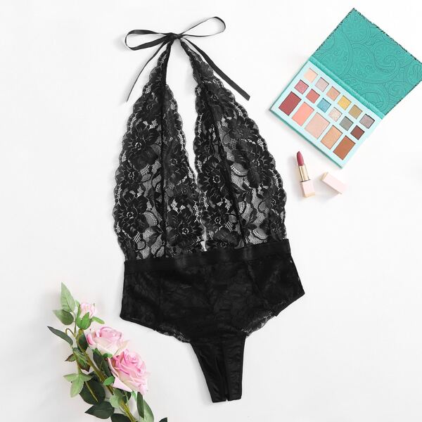 

Plus Floral Lace Halter Teddy Bodysuit, Black