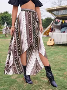 SHEIN VCAY Knot Side Ditsy Floral Wrap Skirt - Multicolor - View 5