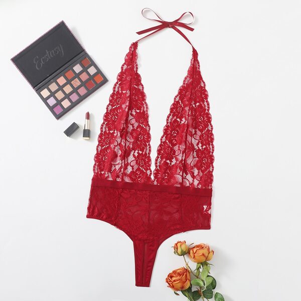 

Plus Floral Lace Halter Teddy Bodysuit, Burgundy