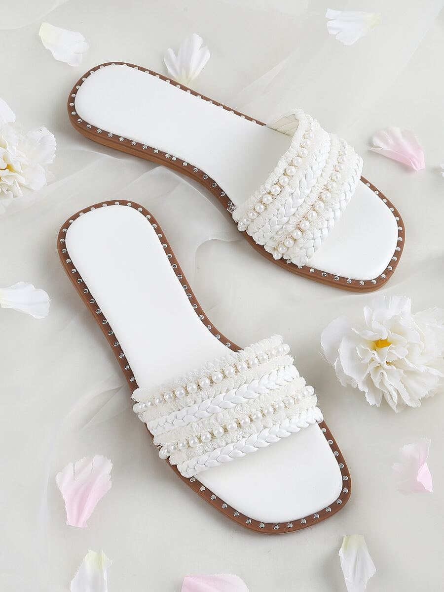 Faux Pearl Decor Braided Slide Sandals