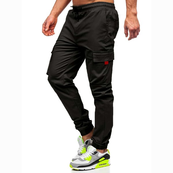 

Men Solid Flap Pocket Drawstring Cargo Pants, Black