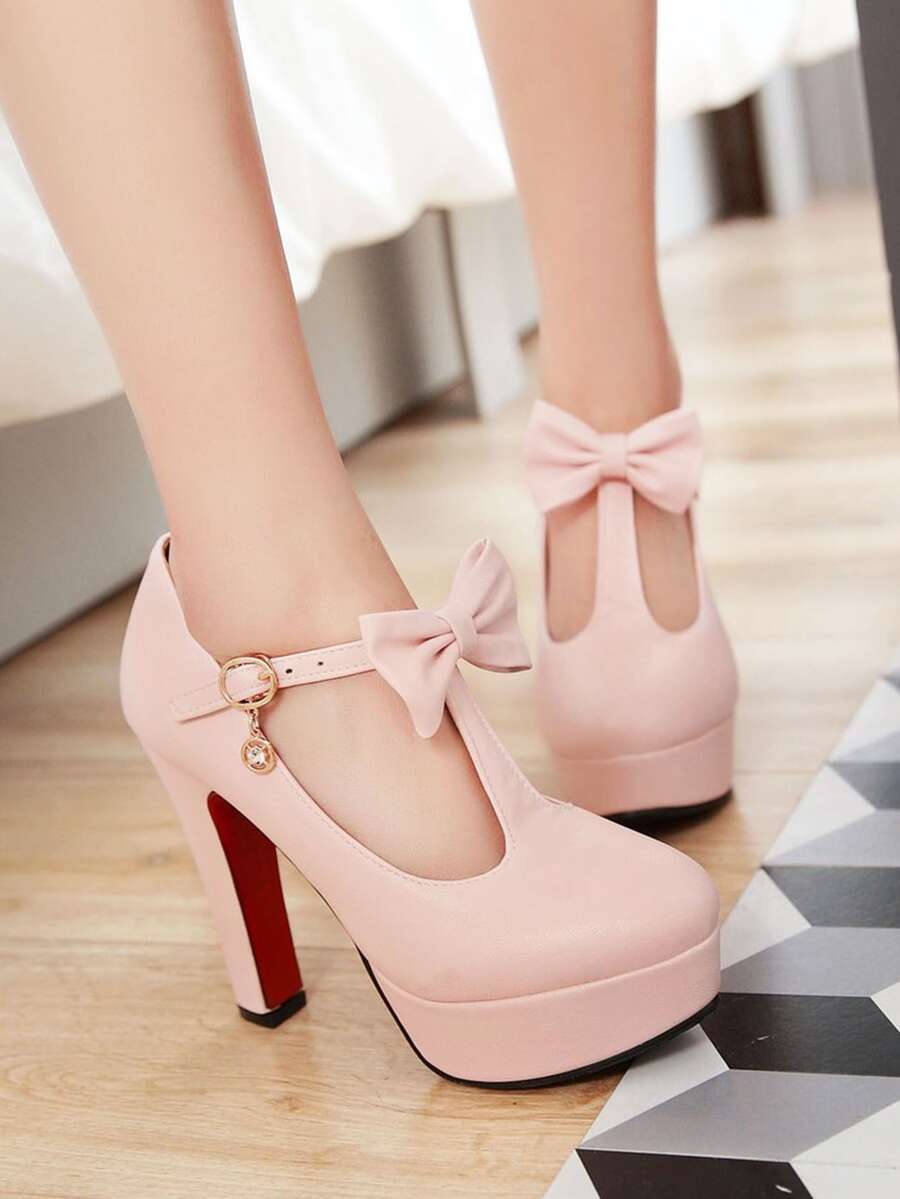 Giày gót Nơ Bướm màu trơn Đúng mốt - Hồng - Xem 1