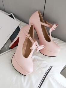 Giày gót Nơ Bướm màu trơn Đúng mốt - Hồng - Xem 3