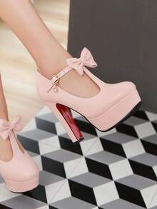 Giày gót Nơ Bướm màu trơn Đúng mốt - Hồng - Xem 5
