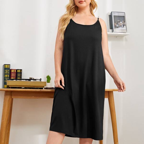 

Plus Solid Slip Dress, Black