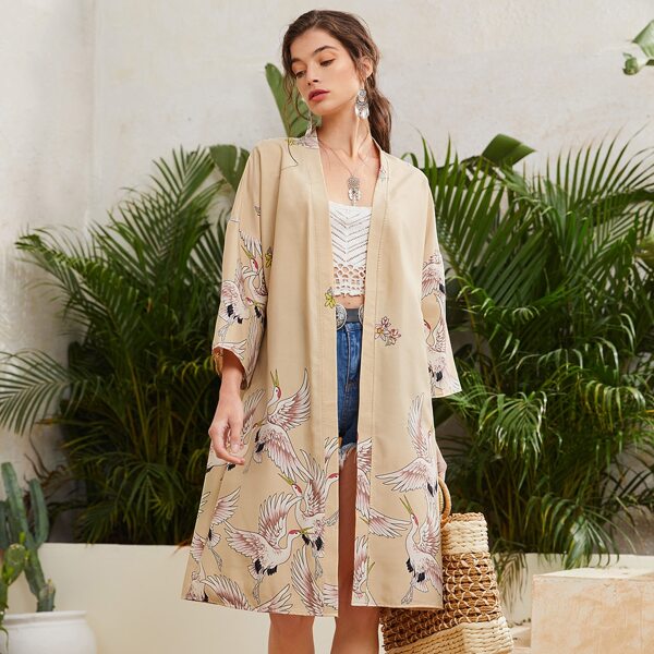 

Crane Print Open Front Coat, Apricot