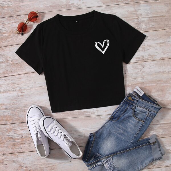 

Heart Print Crop Tee, Black