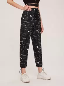 SHEIN Cartoon Print Drawstring Pants - Black - View 1