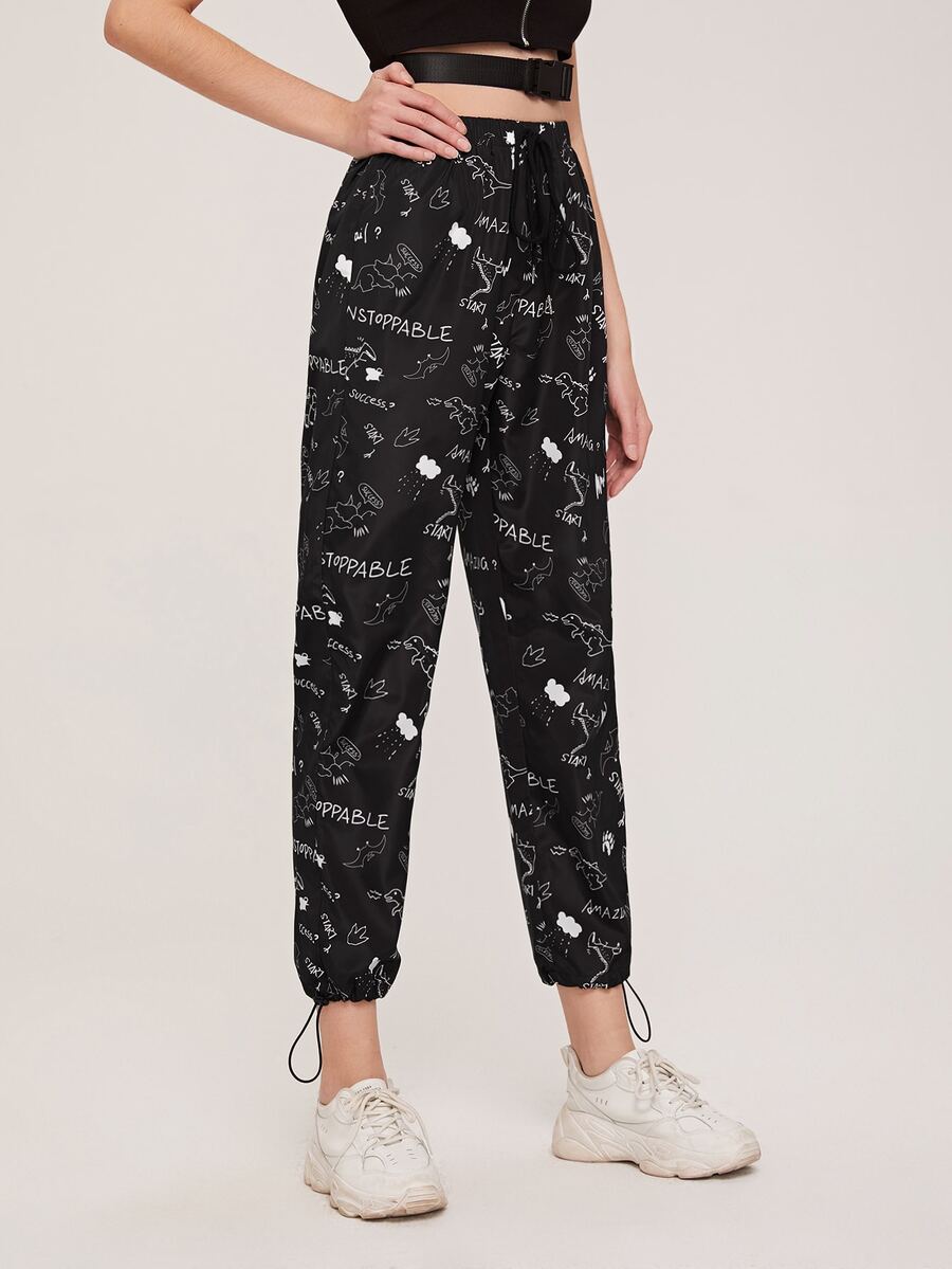 SHEIN Cartoon Print Drawstring Pants - Black - View 1