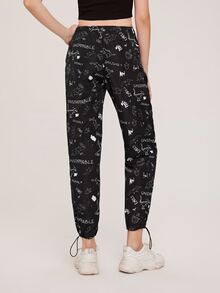 SHEIN Cartoon Print Drawstring Pants - Black - View 2