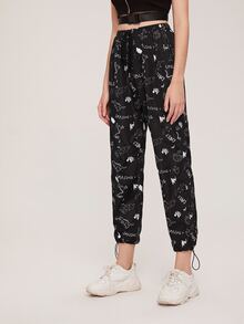 SHEIN Cartoon Print Drawstring Pants - Black - View 3