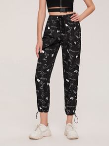SHEIN Cartoon Print Drawstring Pants - Black - View 4