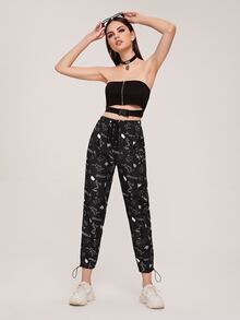 SHEIN Cartoon Print Drawstring Pants - Black - View 5